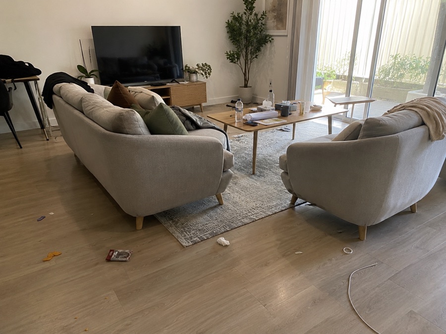 Airbnb living room before turnover clean