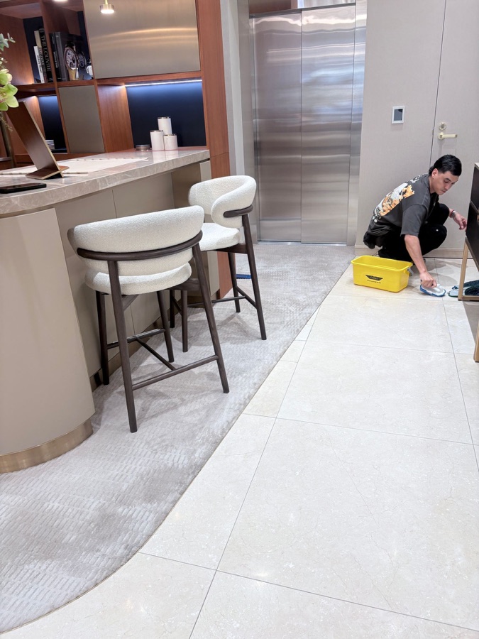 Marble foyer floor detailed by lift