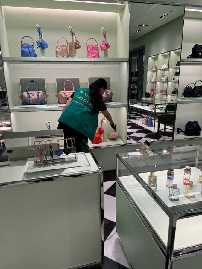 Retail store fixtures before cleaning